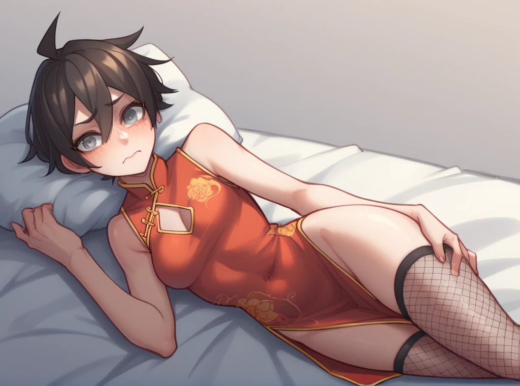 ppka, black fur, short hair, medium short length, messy fur, Ahoge, parts, parts por todo el cuerpo, grey eyes, blind, embarrassed look,
fishnet stockings, network in more legs, cheongsam, cheongsam corto, cheongsam sexy, cheongsam negro,
exposed part of the chest, exposed thighs, lying down, showing tracero, lying down boca abajo, view from behind