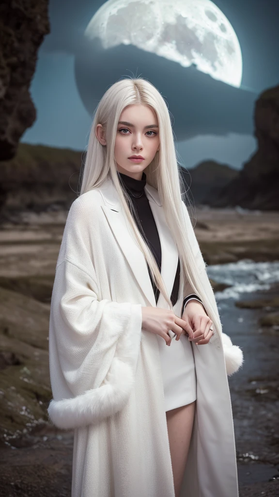 masterpiece, Highest quality, (alone focus), (Perfect Face:1.1), (High detail:1.1), (Ultra-detailed eyes), dramatic, 1 person, (Pale skin), Long white hair, Psychic Eyes, (Thin eyebrows), alone, Long Hair, Tiago Azevedo, moon, night, White luxury suit, Pouting, fur, Proud look,Beach, Detailed Background, Art by artgerm, Cinema Lighting, rose, fashion, Balenciaga Style、Alluring expression、Clothes are open、Full body image

