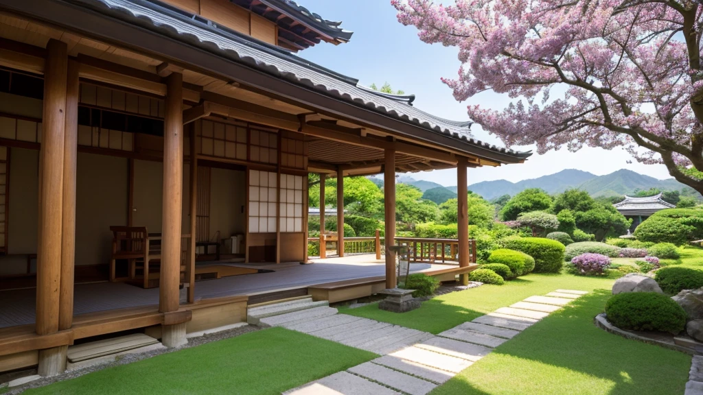 Japanese countryside、garden、Daytime、sun、wind chimes、Veranda、8k