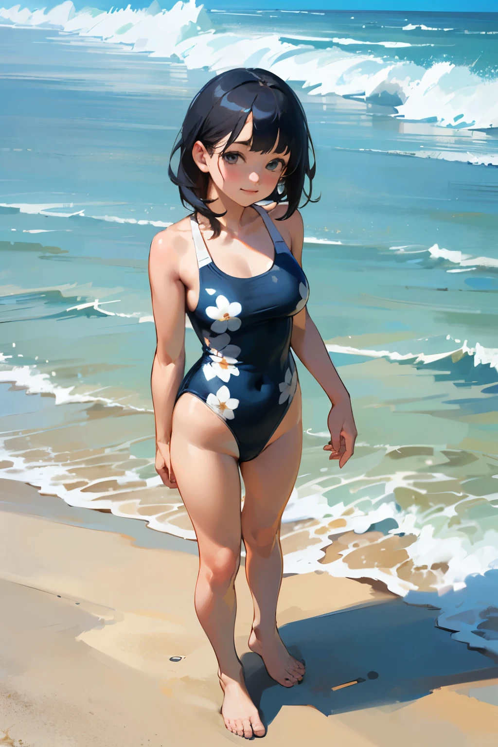 (high quality, High resolution, Very detailed, reality:1.37), Peaceful atmosphere, (Sandy Beach),  girl standing alone, (my breasts are big.), Beautiful details, Cute Smile, (Black bob hair), Floral print one piece swimsuit, barefoot.