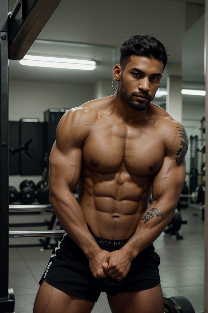 Create a super realistic image of a 22 year old man
black in color with the following characteristics:
"Short jet black hair, dark black eyes, black skin, neat beard, beautiful face
hoop earrings, muscular, fit and tattooed body.
He has big dark black eyes, muscular and sculpted body with tattoos. He attends a modern, bright gym and works as a personal trainer.
The background must be blurred with an accentuated Bokeh effect."
