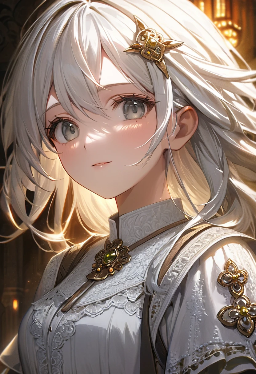 a peasant girl in a white dress, long white hair, beautiful gray eyes, small metal hairpin, delicate facial features, figure, detailed skin and clothing, serene expression, warm lighting, (best quality,4k,8k,highres,masterpiece:1.2),ultra-detailed,highly detailed portrait,cinematic lighting,intricate texture,vivid colors,elegant,