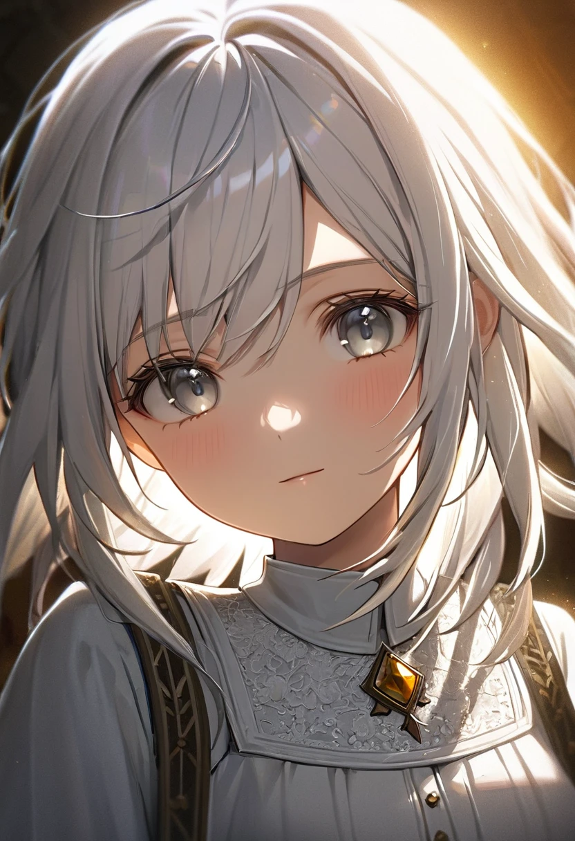 a peasant girl in a white dress, long white hair, beautiful gray eyes, small metal hairpin, delicate facial features, figure, detailed skin and clothing, serene expression, warm lighting, (best quality,4k,8k,highres,masterpiece:1.2),ultra-detailed,highly detailed portrait,cinematic lighting,intricate texture,vivid colors,elegant,