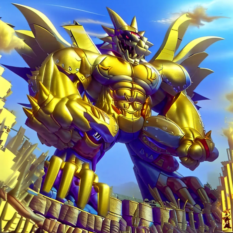 (masterpiece. official art. 8k. best quality. detailed full body. full body.)
(situation 1 : dominating exveemon. exveemon is over 1000 meters long. focus GIANT mechanical Muscular exveemon is trampling the city. Looking down. macro. stomp. Low-angle perspective. emphasizing the immense size.)
(situation 2 :smoke and flames rising from the destruction in the city)
(Additional details 1: wearing a full-face helmet. high-tech bio-mecha armor. real texture material. whole body shines like metal. Wearing cyberpunk mecha. emphasizes the muscles. suit fully made of metal. intricate armor. Robotic suit. suit fully made of metal. cyborg. The Phoenix Wolf. golden armor.).
(Additional details 2: Detailed head. Detailed Body. Detailed abs. gigantic muscles. HYPER MUSCLES. Gigachad Muscular. big muscle. pecs. triceps. traps. unusually developed muscular body. body full of huge muscles. showing off muscles. pectorales enormes. Exaggeratedly huge muscles. huge muscles. long legs.).
(Additional details 3: nj5furry, Spread wings. It has wings. black have big wings. The claws are sharp. Sharp teeth.).