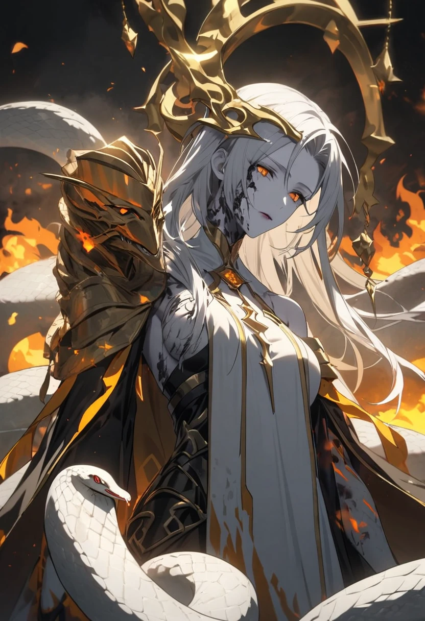 Gullveig, fire emblem, white hair, pale skin, golden seer, snakes, withering skin, booba