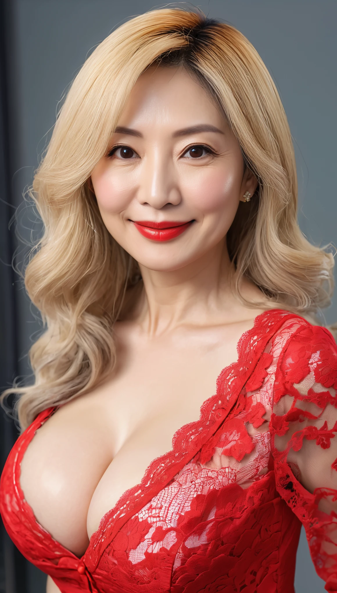 (((Hyper Real)))、(((超未来的なAdult University Professor)))、Beautiful Mature Woman High resolution Realistic (((Blonde Mature MILF)))、(((Big big boobs)))、Fine skin、超High resolution、Realistic、Plump figure、smile、Beautiful middle-aged woman、美しいAdult University Professor 、Beautiful brown eyes、Fluffy long hair、非常に繊細でFine skin、48歳のAdult University Professor、(A highly futuristic university classroom)、Adult University Professor、(((Big big cleavage)))、Bright red lips、(Wearing a lace dress)、