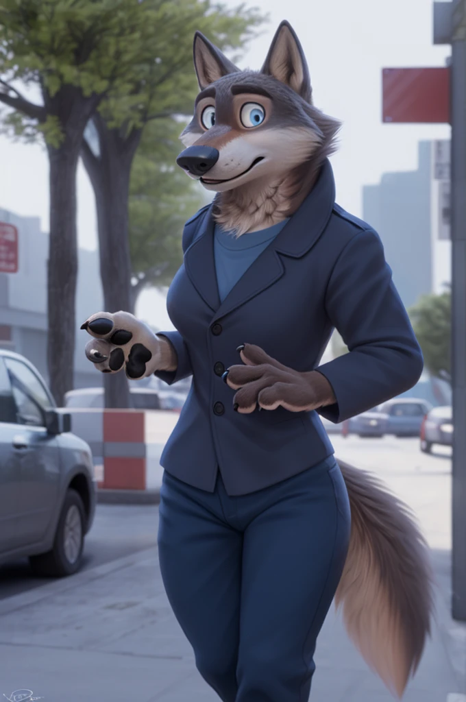 Emilia (Zootopia), wolf, Gray Fur, (brown body:1.3), Blue eyes, Zootopia, draw up,pomade, dressed,blue jacket,shirt,blue pants,high-heeled sandals, female breast,canine, wolf, detailed fur, Female, second, paw pads, finger claws, At the viewer, 5 fingers, paws, 5 fingers,goes to a woman&#39;shoe shop and chooses heels,mood,open mouth, cameras with flash, loving husband,two children,close to the camera,holding high heel sandals, is sitting, 
BREAK from nextel, for dating, by xenoforge, (difficult, high detail, film photography, soft focus, RAW, fluororealism, realistic, photorealistic, digital style, Subsurface scattering,in a woman&#39;shoe shop, 
masterpiece, Best quality, ultra realistic, 8 thousand.)