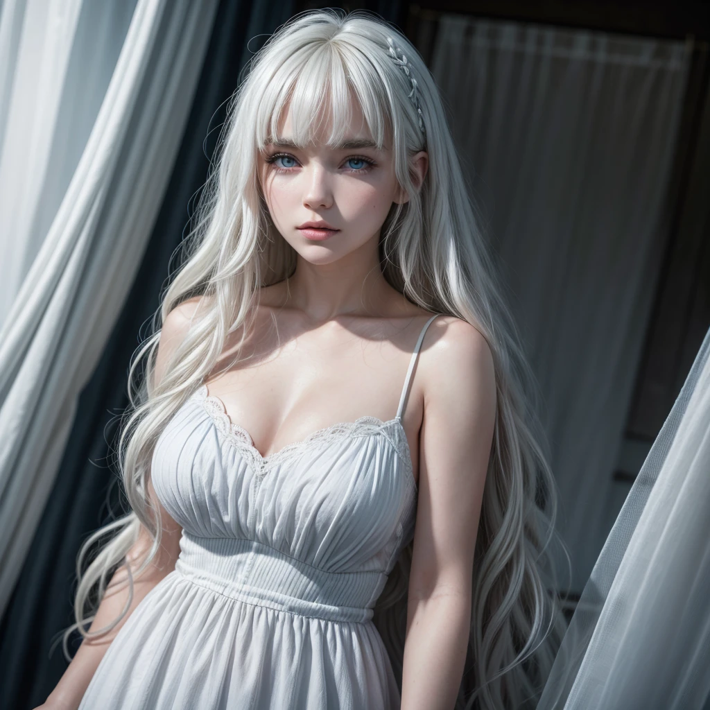 create my character called Lyanna Laurent. She is white, She has wavy platinum hair with curtain bangs. Your eyes are blue. He's wearing dark blue knee-length denim shorts, a black crop top that goes up to the navel. The background of the photo is his family mansion. She's alone in the photo. Her face is similar to actress Milly Alcock