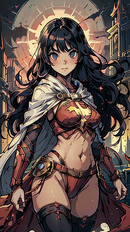 best quality,masterpiece,1girl,solo,(((13years old))),japanese girl,an extremely cute and beautiful girl,highly detailed beautiful face and eyes,petit,cute face,lovely face,baby face,shy smile,show teeth,black hair,medium long hair,flat chest,skinny,slender,no bra,no Panties, Hairless vagina,(((wearing a sexy revealing red Mary Marvel costume,white cape))),(((heroic pose in Dark midnight Fantasy style Gotham Castle))),she is looking at the viewer,