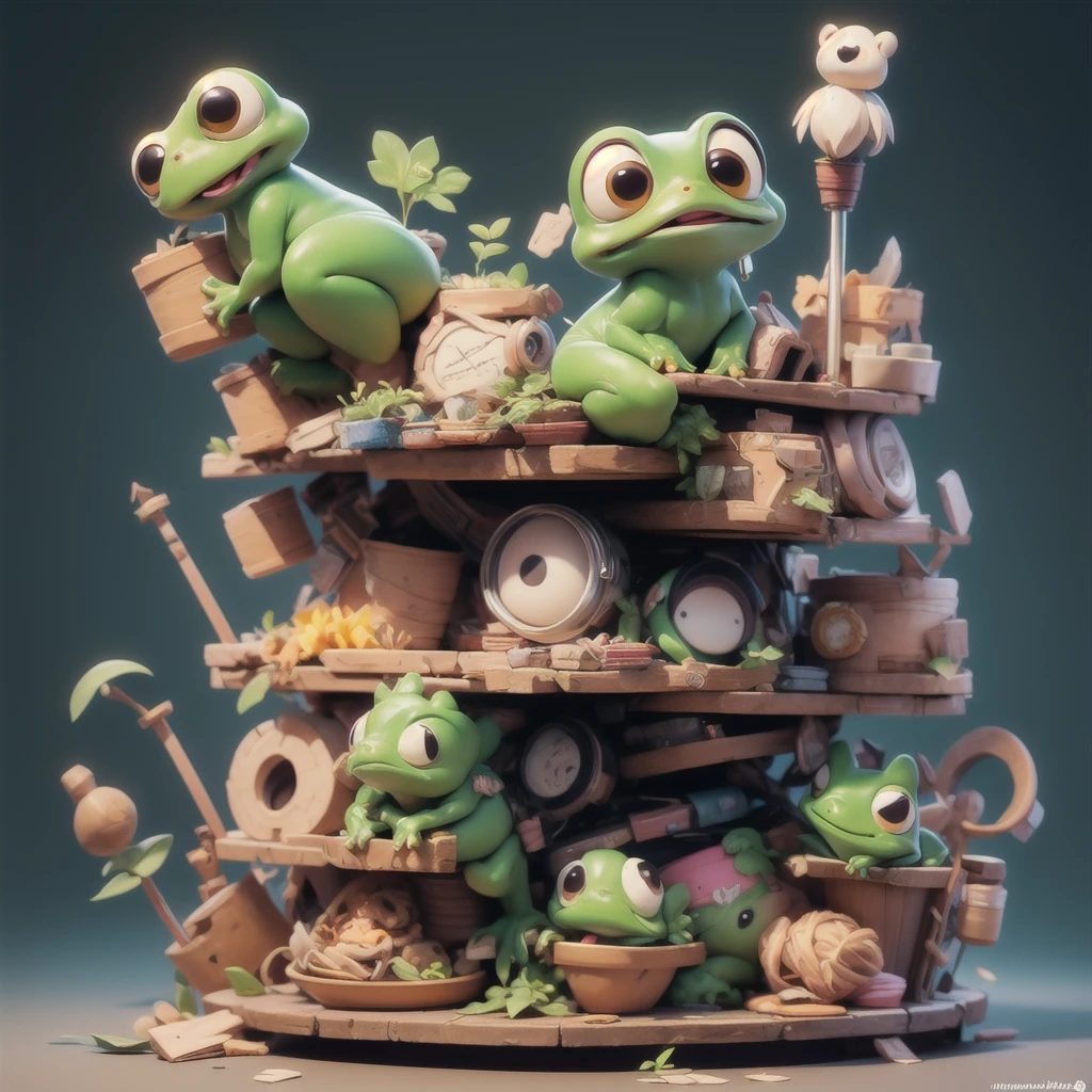 Super cute frog full body 3D image, 1pc,a frog dressed in a green robe holding a cane, solid color background, chibi, fluorescent translucency, luminous body, kawaii, doll, Reference table, blind box pop mart, Pixar, complex details, 3D rendering, mixer, OC renderer, FOL body reference sheet, Dribble, High Details, 8K, Studio Lighting, , , toddler, Chibi, SD characters: 23, Magic Space Warehouse background, closed hands, fist, closed hands