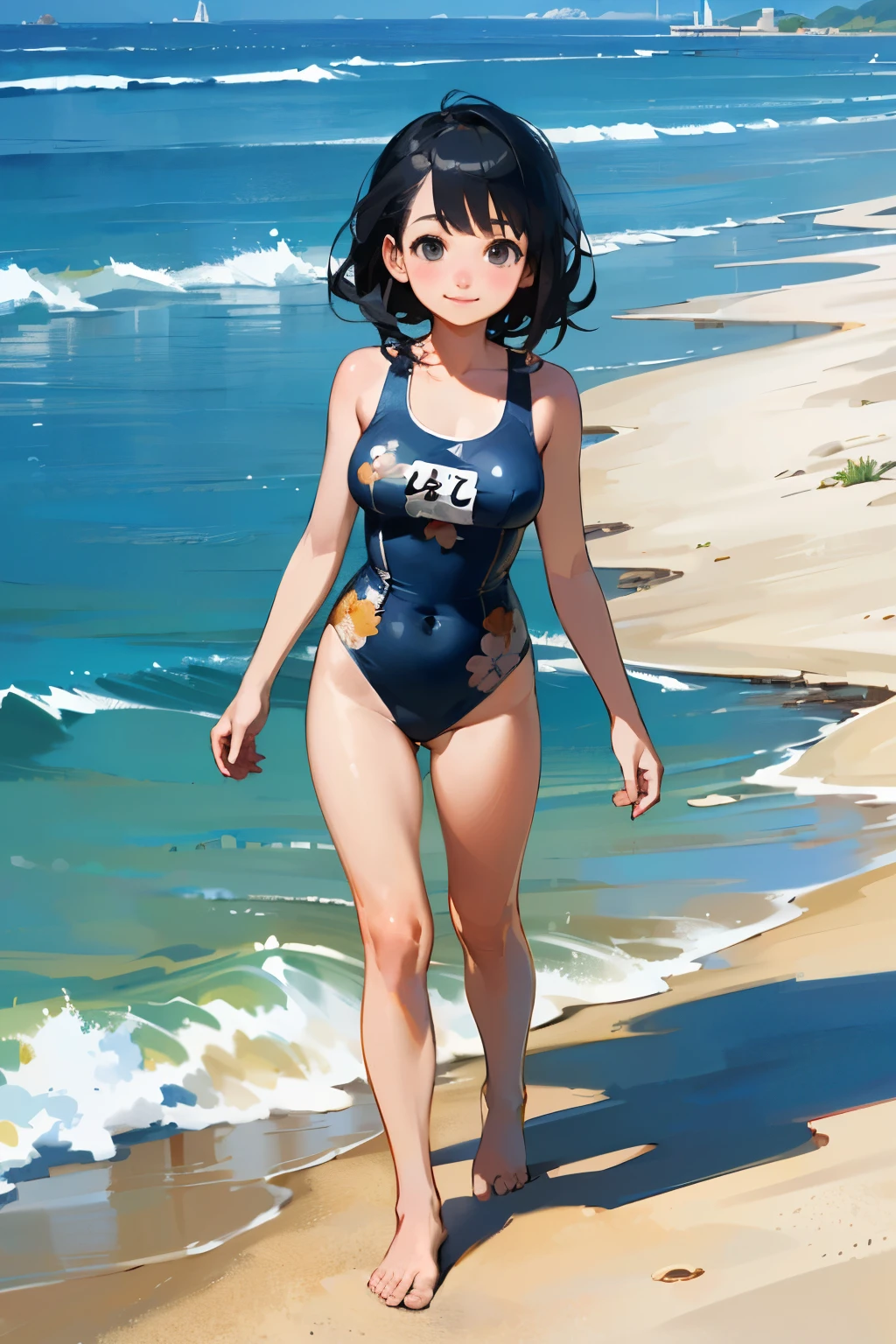 (high quality, High resolution, Very detailed, reality:1.37), Peaceful atmosphere, (Sandy Beach), Teenage girl standing alone, (my breasts are big.), Beautiful details, Cute Smile, (Black bob hair), Floral print one piece swimsuit, barefoot.