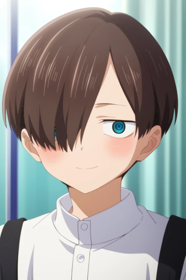 score_9, score_8_up, score_7_up, source_anime, rating_safe, intricate details, anime screencap, , official style, , , depth of field, 1boy, solo, male focus, kyoutarou_ichikawa, brown hair, blue eyes, short hair, hair over one eye, bangs, , alternate history, POV, deeply in love, intricate expression, blushing, smiling, expressive eyes