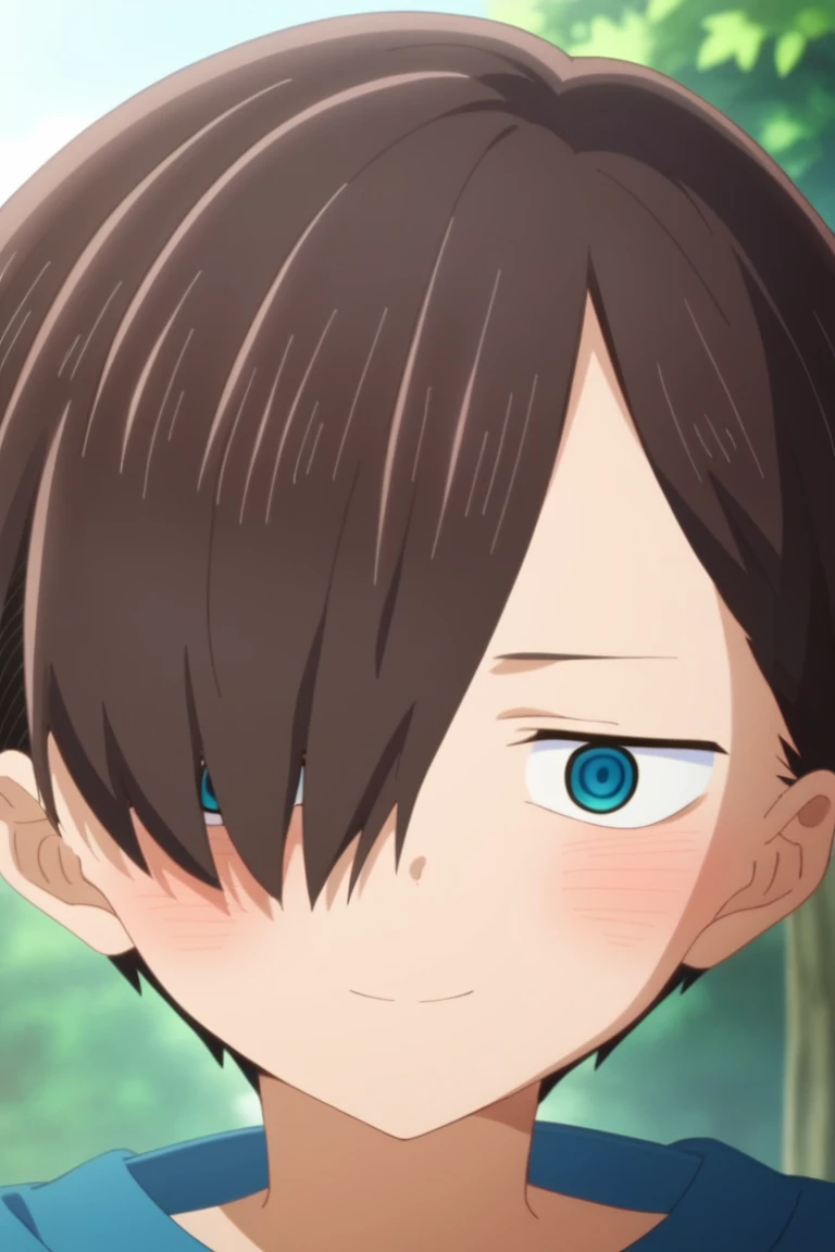 score_9, score_8_up, score_7_up, source_anime, rating_safe, intricate details, anime screencap, , official style, , , depth of field, 1boy, solo, male focus, kyoutarou_ichikawa, brown hair, blue eyes, short hair, hair over one eye, bangs, , alternate history, POV, deeply in love, intricate expression, blushing, smiling, expressive eyes