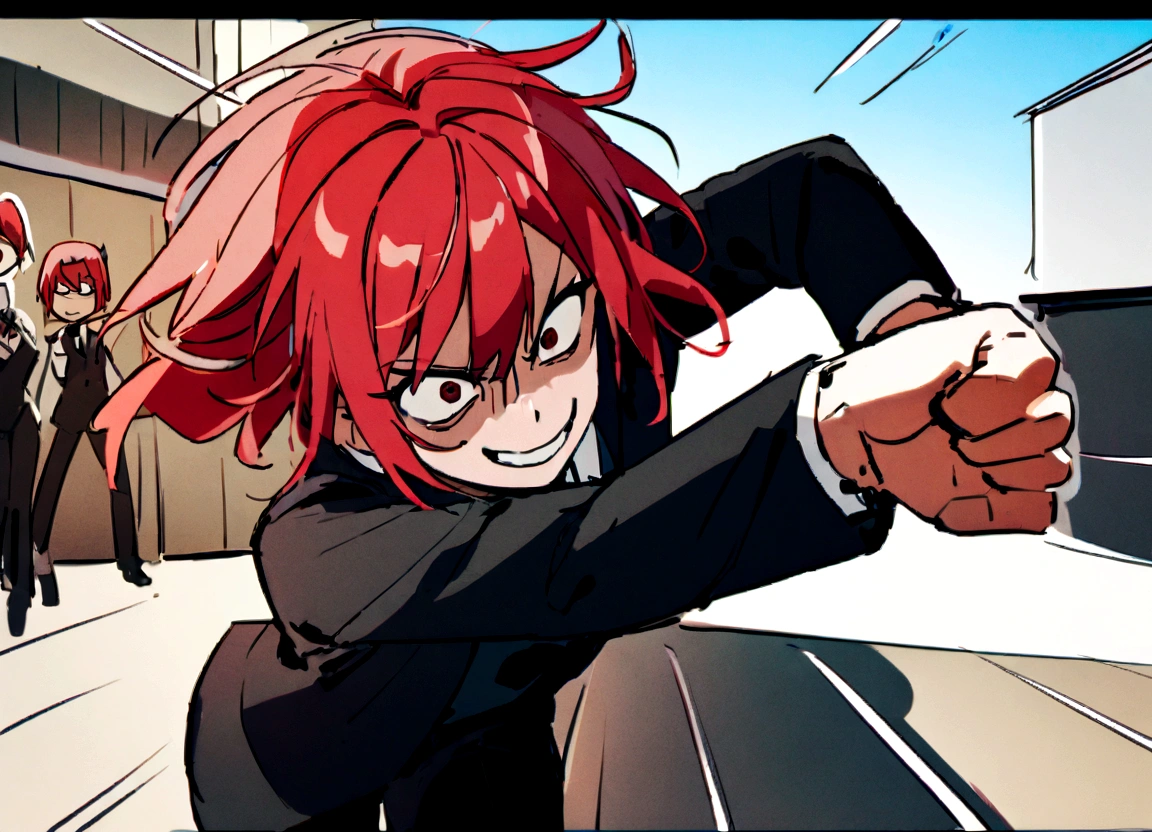 Red hair、Black suit、punch、Scary smile、office、Daytime、punching,Front facing,Momentum、Front facing