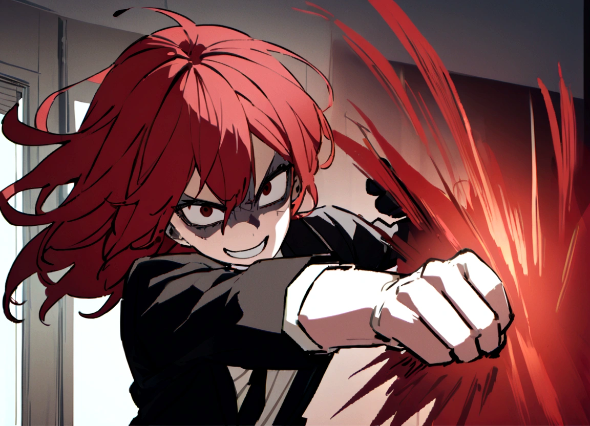power in niji journey style half body with some perspective girl with pink hair and two red horns on her head in a dynamic and powerful pose in motion saturated warm colors Bold contrast and drama, with a focus on intense lights and shadows. Fluidity and movement, with a fresh and contemporary style. childish tones: Dynamic and detailed composition, with emphasis on action and movement.