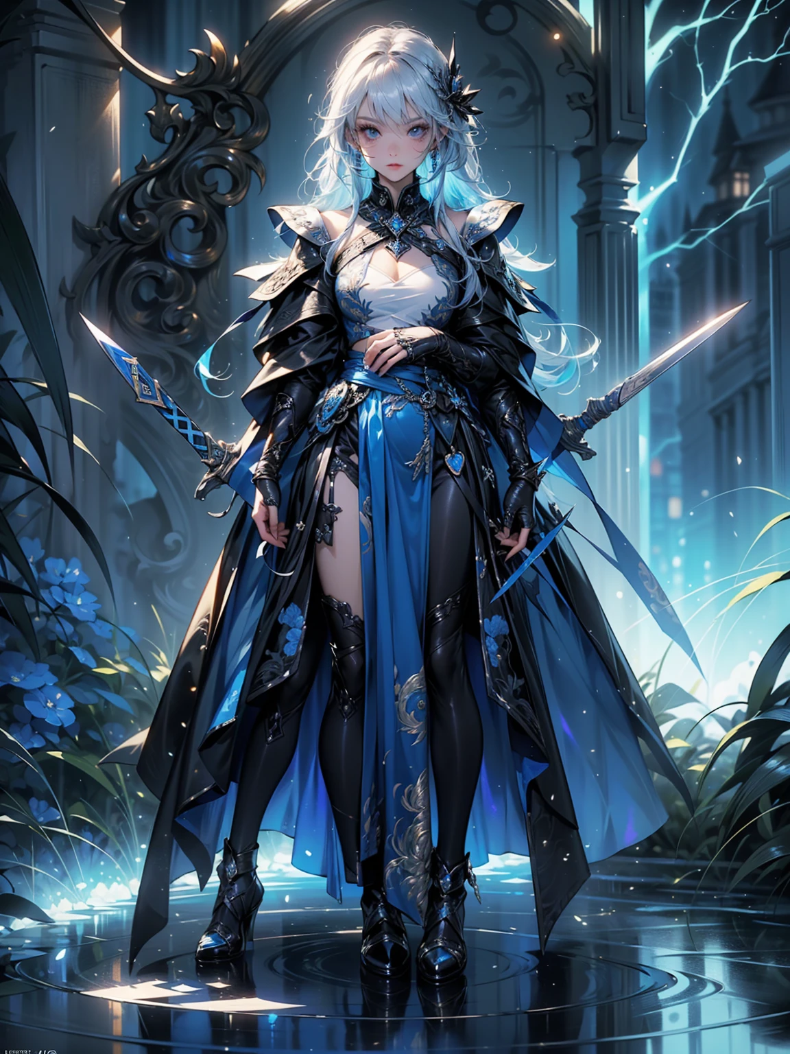 (((masterpiece, best quality, high detailed, 8k))) Design a layout showcase Gaming character, (1girl). Silver|Blue clothes, stylish and unique. ((showcase weapon:1.4)), lightning rod. (masterpiece:1.2), (best quality), 4k, ultra-detailed. (Step by step design, layout art:1.5), (luminous lighting, atmospheric lighting). storm mage, ((glove full hands)), (((revealing clothes:1.3))), vambraces, armored legwear, (((full_body_shot:1.4))). {During a thunderstorm}.
