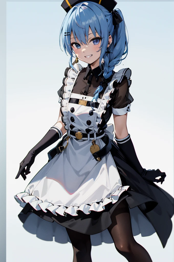 1girl, solo, detailed face, , , SuiseiMaid, long hair, single braid, black nurse cap, double-breasted grey apron, chest belt, elbow gloves, crinoline, (((black pantyhose))),,,,looking viewer,side ponytail,small breasts,,grin,high heel