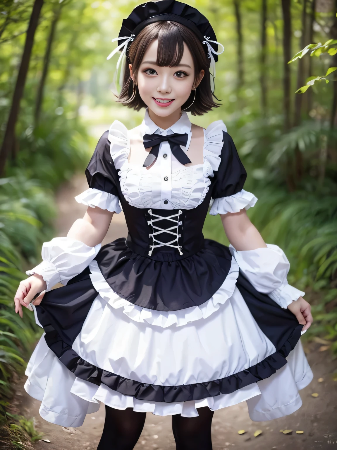 Short Bob、(Full body portrait:1.5)、20-year-old、smile、Laugh with your mouth open、Childish、Slim and flat chested、Small breasts、Highest quality,masterpiece,Ultra-high resolution,(Actual:1.4),Original photo,Ultra-high resolution,8K,There are also women,Gothic ta Uniform、Maid Costume Cosplay、Forest Scenery、With confidence, Beautiful and generous,Please lift up your skirt and show me your pants.、