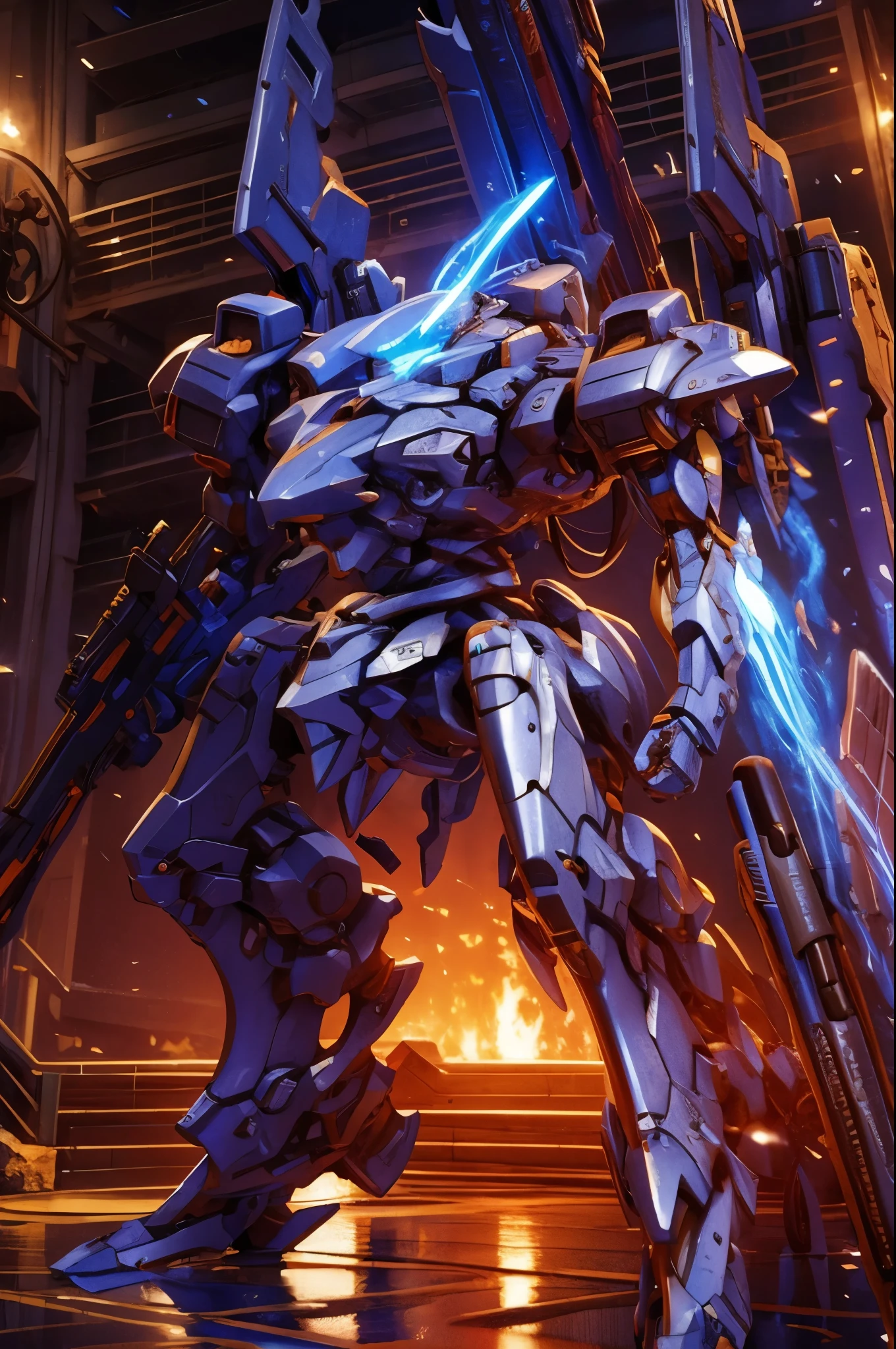 Obra de arte, melhor qualidade:1.7)Mech branco e azul com detalhes dourados, médio, segurando uma sniper azul grande. Realistic, Extremely detaild, 4K UHD, HDR, naturallight, cinematic lighting, masterpiece-anatomy-perfect, ultra HD, Space Combat, Battlefield, RAW photo, metallic, ultra-fine painting, perfect body proportions, anatomically correct, real texture material, Anti-Aliasing, TXAA, SSAO, Post Processing, Post Production, Tone Mapping, CGI, VFX, SFX, Hyper maximalist, ultra photorealultra-detailed intricate details.