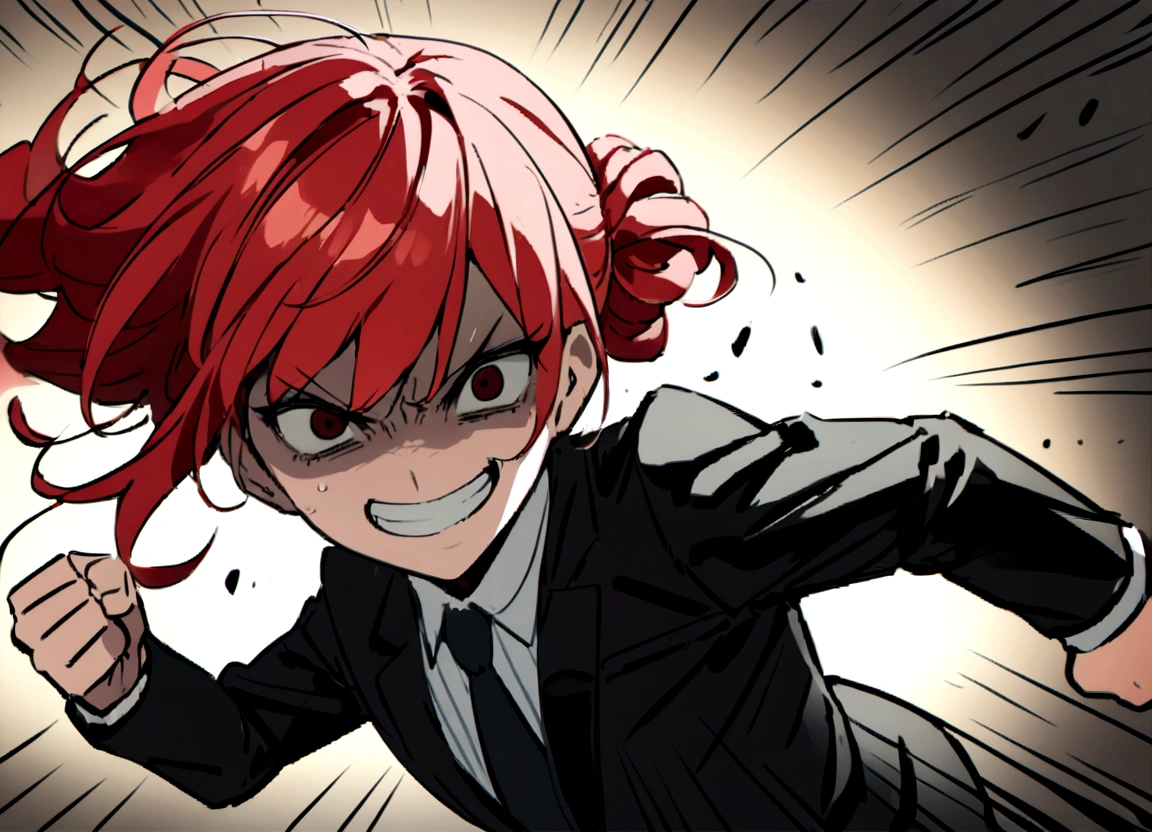Red hair、Black suit、punch、Scary smile、office、Daytime、punching,Front facing,Momentum、Front facing