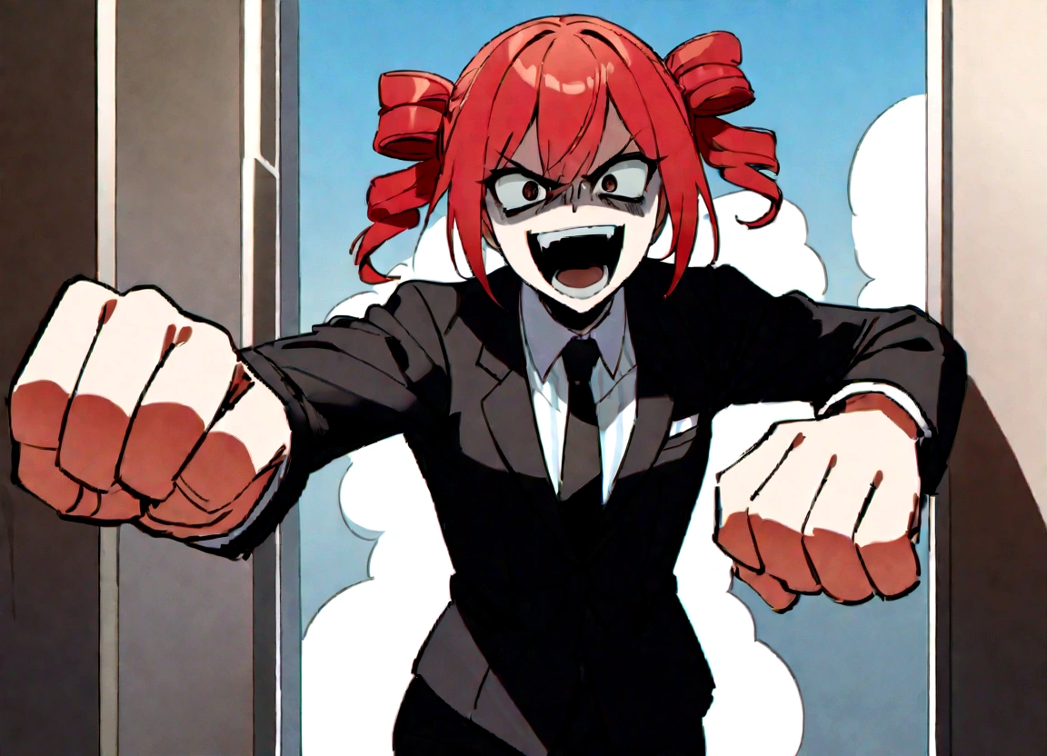 Red hair、Black suit、punch、Scary smile、office、Daytime、punching,Front facing,Momentum、Front facing