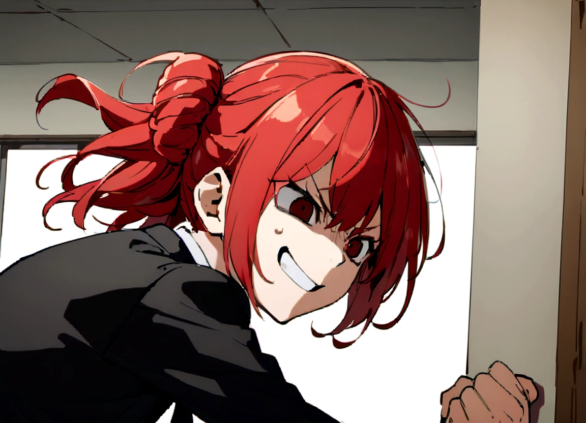 Red hair、Black suit、punch、Scary smile、office、Daytime、punching,Front facing,Momentum、Front facing