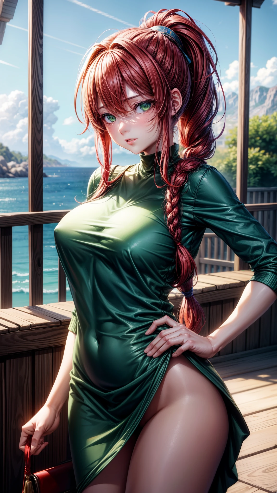 (NSFW), Close-up of a Woman, Anime Style, High Resolution, A woman with a (Red braided low ponytail hair) and ((the most beautiful Green eyes)) is depicted in ((Blue clothes)). She exudes a sense of ((Determined)) determination. The image is rendered in 8K resolution using Unreal Engine 5 and Octane Render. It's a Cute and GamanG depiction, created by renowned artist Yoon Gonji in collaboration with G.To, Gosonjak, Schloop. The artwork has been trending on Pixiv and is a Fan Box favorite. The image features a Detailed face with smooth, soft skin.