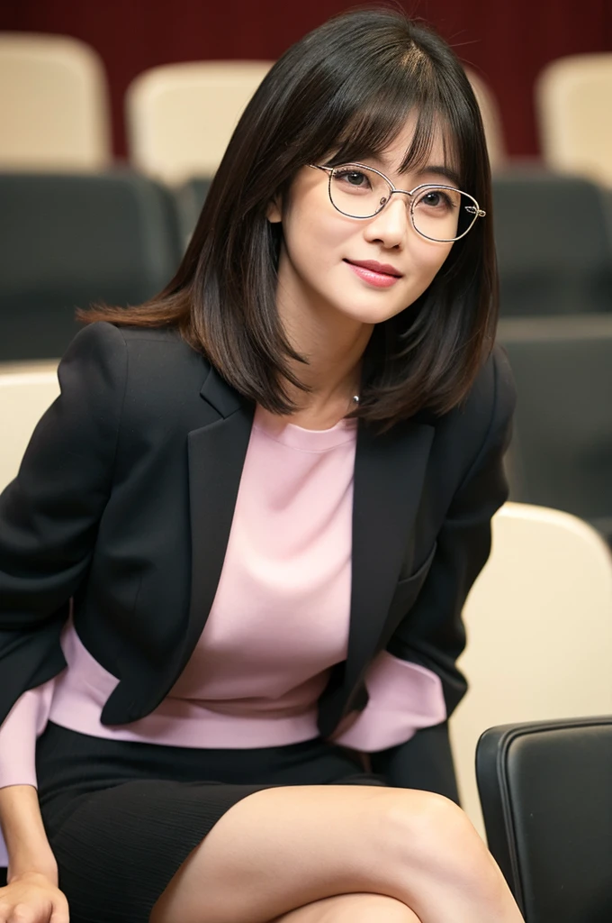 Adult sex appeal、Sexy female scholar、University lecture hall, university psychology associate professor, ((full body)), ((photo)), ((best qualtiy, 8K, tmasterpiece:1.3)), Focus:1.2, perfect figure beautiful woman:1.41woman, cowboy shot, look at viewer, eyes facing the camera, incredibly absurd, beautiful and cute woman with a photorealistic face, showcasing top-quality craftsmanship, A Japanese woman giving a lecture at a university lecture hall, 27 years old, with a bob cut and flipped hair, short bangs swept at an angle, smooth and shiny hair, natural hairline, fair and smooth skin, plump and healthy cheeks, large, jet black eyes, round eyes, long and upward-facing eyelashes, double eyelids, thin and straight eyebrows, small and round nose, plump lips, upturned corners of the mouth, charming smile, cute face, glamorous, well-balanced proportions, tall, beautiful D-cup breasts, silver-rimmed glasses, pink blouse, black tight skirt, fashion with a waist-marked silhouette, scarf, heeled shoes, vanilla perfume, beautiful, pretty older woman, glasses suit her, knowledgeable, playful, curious, smart, elegant, November