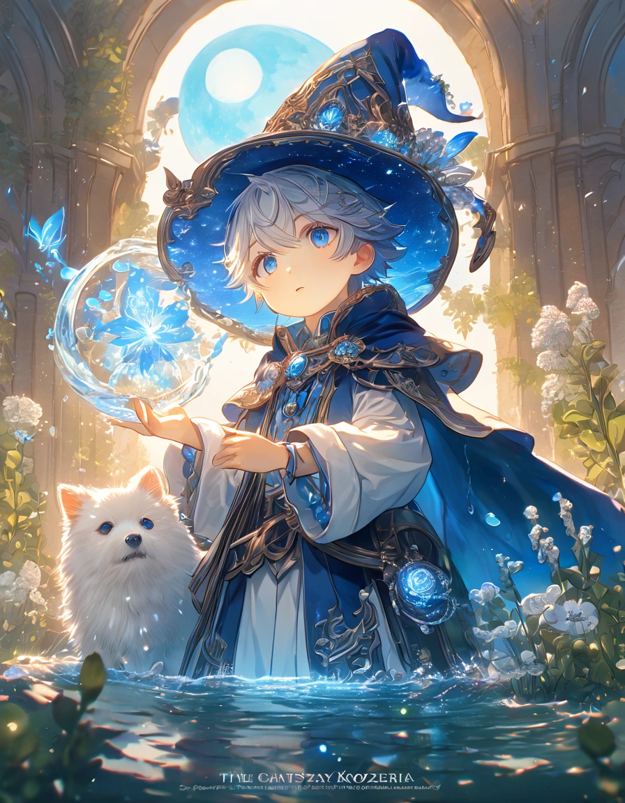 absurdres, highres, ultra detailed, HDR, master piece, small dog, white dog, expressive blue eyes, magical hat, cute, best quality, blue moon, flowers, fantasy, magical, solo, water, blue shining fireflies, blue petals, cape, the word "Krozseria" is written on his shirt