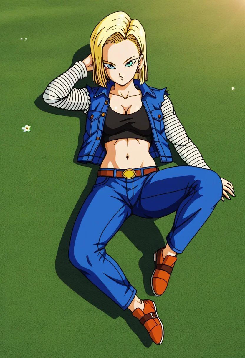 masterpiece, Detailed face, 
Android 18,  Buu Saga, , One girl, alone, View your viewers, short hair, blue eyes, Blonde, clavicle, 
Field, bedroom,((Huge boobs:1.2)),Cleavage,  Upper Body, lying 、Upper Body裸、belly button、Hoop Earrings, shoes,pants,