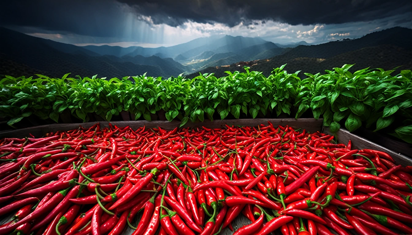 Realistic,Very realistic,Extreme Detail,Breathtakingly realistic,High contrast realism,High Saturation Realism,Vibrant colors, Chilis, Red peppers, basil, Dramatic lighting,Fascinating landscape,Persuasive storytelling,Atmospheric scenery,Captivating visuals,Intricate details,Strong emotions,Heavenly Beauty,A dreamlike world