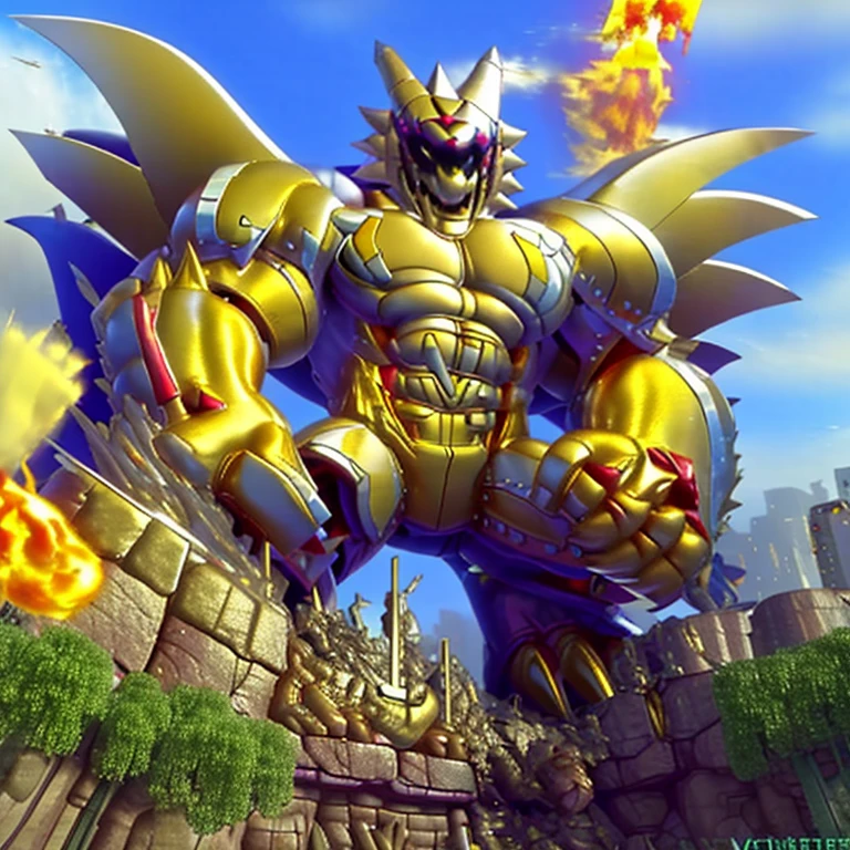 (masterpiece. official art. 8k. best quality. detailed full body. full body.)

(situation 1 : dominating exveemon. exveemon is over 1000 meters long. focus GIANT mechanical Muscular exveemon is trampling the city. Looking down. macro. stomp. Low-angle perspective. emphasizing the immense size.)

(situation 2 :smoke and flames rising from the destruction in the city)

(Additional details 1: wearing a full-face helmet. high-tech bio-mecha armor. real texture material. whole body shines like metal. Wearing cyberpunk mecha. emphasizes the muscles. suit fully made of metal. intricate armor. Robotic suit. suit fully made of metal. cyborg. The Phoenix Wolf. golden armor. no face.).

(Additional details 2: Detailed head. Detailed Body. Detailed abs. gigantic muscles. HYPER MUSCLES. Gigachad Muscular. big muscle. pecs. triceps. traps. unusually developed muscular body. body full of huge muscles. showing off muscles. pectorales enormes. Exaggeratedly huge muscles. huge muscles. long legs.).

(Additional details 3: nj5furry, Spread wings. It has wings. black have big wings. The claws are sharp. Sharp teeth.). 
