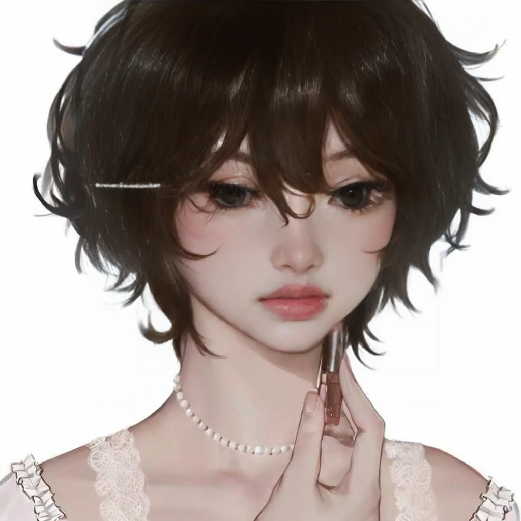 a close-up of a person with lipstick in their hand, kawaii realistic portrait, anime realism style, estilo semi-realistic anime, semi-realistic anime, realistic anime art style, realistic anime art style, cute anime portrait, no art style by bowater, anime style portrait, Awesome anime face portrait, young realistic anime, portrait anime boy