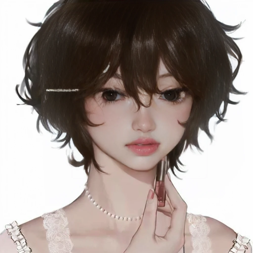 a close-up of a person with lipstick in their hand, kawaii realistic portrait, anime realism style, estilo semi-realistic anime, semi-realistic anime, realistic anime art style, realistic anime art style, cute anime portrait, no art style by bowater, anime style portrait, Awesome anime face portrait, young realistic anime, portrait anime boy