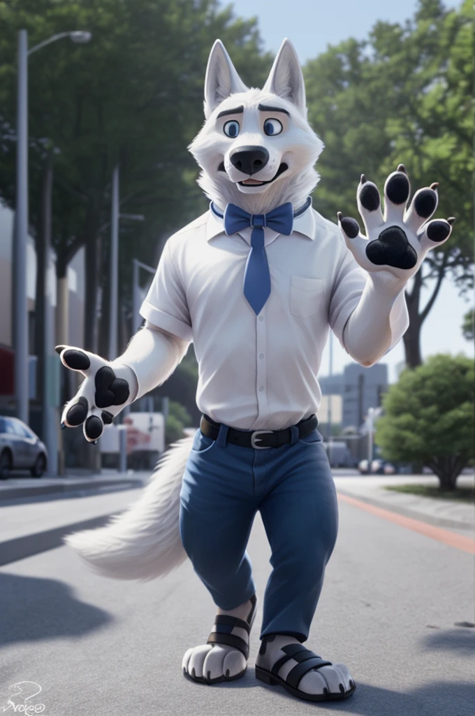 Gary \(Zootopia\), (white body:1.3), white fur, Blue eyes, Zootopia, dressed,shirt bow tie,jeans,leather strap sandals,thick sole doggy, wolf, detailed fur, male, antro, paw pads, finger claws, waving, waving at viewer, 5 fingers, paws, 4 toes,
BREAK from nextel, for dating, by xenoforge, (difficult, high detail, film photography, soft focus, RAW explicit cinema,
Photorealism, realistic, photorealistic, analog style, Subsurface scattering,
masterpiece, Best quality, ultra realistic, 8 k)