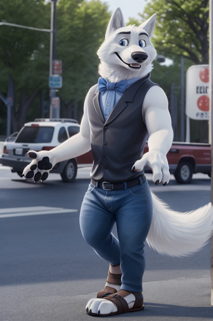 Gary \(Zootopia\), (white body:1.3), white fur, Blue eyes, Zootopia, dressed,shirt bow tie,jeans,leather strap sandals,thick sole doggy, wolf, detailed fur, male, antro, paw pads, finger claws, waving, waving at viewer, 5 fingers, paws, 4 toes,
BREAK from nextel, for dating, by xenoforge, (difficult, high detail, film photography, soft focus, RAW explicit cinema,
Photorealism, realistic, photorealistic, analog style, Subsurface scattering,
masterpiece, Best quality, ultra realistic, 8 k)