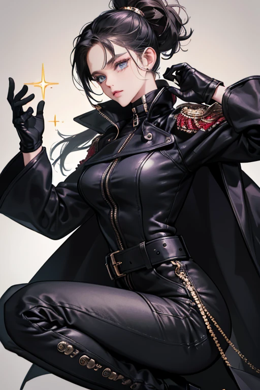 She wears a black suede coat with flared sleeves. The cover is fastened with a zipper and twelve silver buttons - six in one row. Barbara also fastens the coat with a black belt, which is at the waist. She also wears black, tight pants and high boots that are almost knee-deep, also in black. The whole is complemented by black leather gloves. SPARKLE; GLITTER