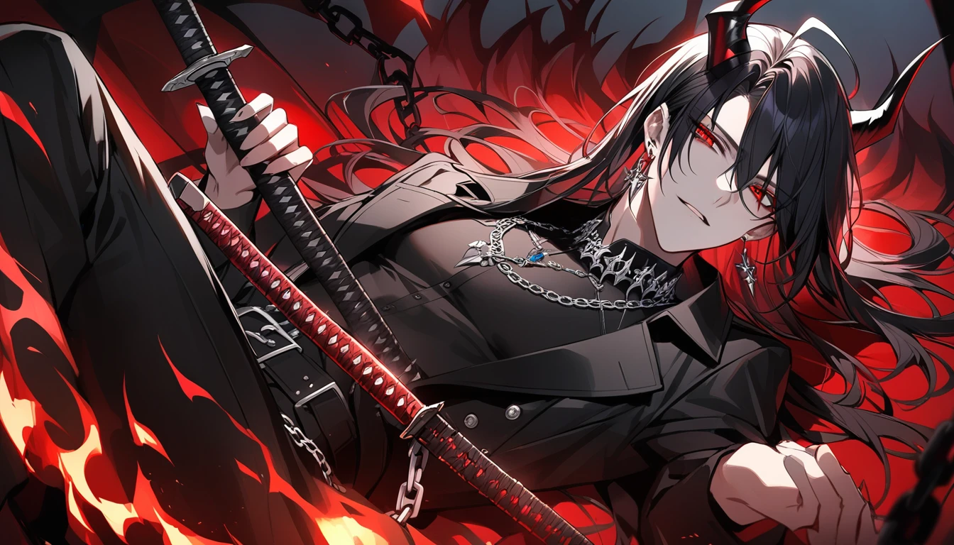 alone, good looking, 1 male, Long hair, Middle parted, Black hair, Red eyes, Black shirt, White Thailand, Black Trench Coat, Royal Silver Jewellery, Royal Demon Earrings, Black horns, Demon Crown, Demonic Katana, Chain, On Back, Demonic Black flames Aura, vtuber 