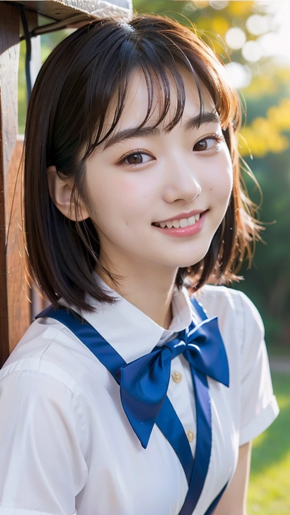 incredibly absurd, beautiful and cute 20-year-old Korean girl with a photorealistic face, showcasing top-quality craftsmanship. Her slender frame adorned with short, messy hair. The artwork high-resolution, allowing for ultra-detailed features to be captured flawlessly. The girl is wearing School Costume. The focus lies on the realistic pupils, showcasing depth and emotion. ((breasts out)) cute smile.