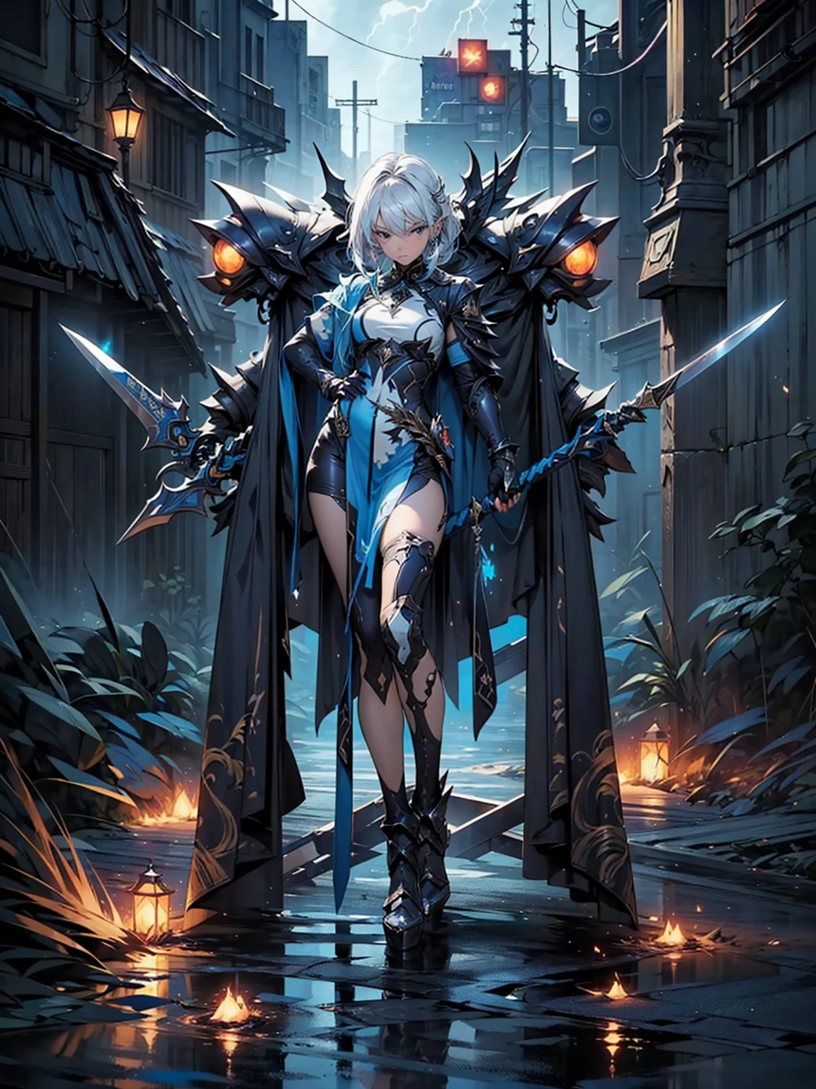 (((masterpiece, best quality, high detailed, 8k))) Design a layout showcase Gaming character, (1girl). Black|Gold clothes, stylish and unique. ((showcase weapon:1.4)), dark scythe. (masterpiece:1.2), (best quality), 4k, ultra-detailed. (Step by step design, layout art:1.5), (luminous lighting, atmospheric lighting). necromancer, ((glove full hands)), (((revealing clothes:1.3))), vambraces, armored legwear, (((full_body_shot:1.4))). {In a haunted graveyard}.