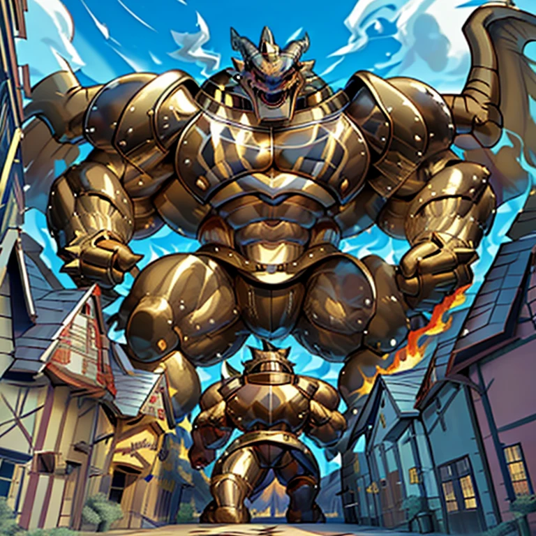 (Solo. masterpiece. official art. 8k. best quality. detailed full body. full body.)
(situation 1 : dominating exveemon. exveemon is over 1000 meters long. focus GIANT mechanical Muscular exveemon is trampling the city. Looking down. macro. stomp. Low-angle perspective. emphasizing the immense size. He is much bigger than a skyscraper. Giga Giants. looking down. foot focus, (soles:1.2))

(situation 2 :smoke and flames rising from the destruction in the city)

(Additional details 1: wearing a full-face helmet. golden armor. Armored Flazzard. Armored_Flazzard. high-tech bio-mecha armor. real texture material. whole body shines like metal.). 

(Additional details 2: (Detailed head. Detailed Body. Detailed abs. gigantic muscles. HYPER MUSCLES. Gigachad Muscular. big muscle. pecs. triceps. traps. unusually developed muscular body. body full of huge muscles. showing off muscles. pectorales enormes. Exaggeratedly huge muscles. huge muscles. long legs.).

(Additional details 3: Spread wings. It has wings. have big wings. The claws are sharp. Sharp teeth).