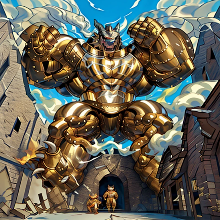 (Solo. masterpiece. official art. 8k. best quality. detailed full body. full body.)
(situation 1 : dominating exveemon. exveemon is over 1000 meters long. focus GIANT mechanical Muscular exveemon is trampling the city. Looking down. macro. stomp. Low-angle perspective. emphasizing the immense size. He is much bigger than a skyscraper. Giga Giants. looking down. foot focus, (soles:1.2))

(situation 2 :smoke and flames rising from the destruction in the city)

(Additional details 1: wearing a full-face helmet. golden armor. Armored Flazzard. Armored_Flazzard. high-tech bio-mecha armor. real texture material. whole body shines like metal.). 

(Additional details 2: (Detailed head. Detailed Body. Detailed abs. gigantic muscles. HYPER MUSCLES. Gigachad Muscular. big muscle. pecs. triceps. traps. unusually developed muscular body. body full of huge muscles. showing off muscles. pectorales enormes. Exaggeratedly huge muscles. huge muscles. long legs.).

(Additional details 3: Spread wings. It has wings. have big wings. The claws are sharp. Sharp teeth).