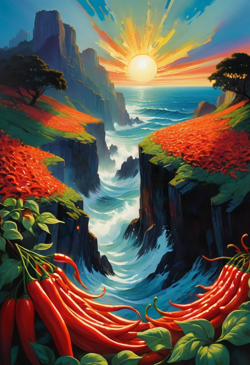 (Vibrant surreal landscape painting:1.4) of red chili peppers, basil fields,, with sweeping strokes of fiery oranges and reds forming a swirling vortex in the sky above turbulent ocean waves reflecting the sun's blazing light, rocky cliffs and lush foliage in the foreground providing contrasting colors and textures, wide panoramic framing capturing the majestic scale of the scene, painted with exaggerated impressionistic brush strokes and vivid colors beyond realism, evoking the visionary imagination and eccentric style reminiscent of works by (Eyvind Earle:1.3) and the contemporary digital art masters.