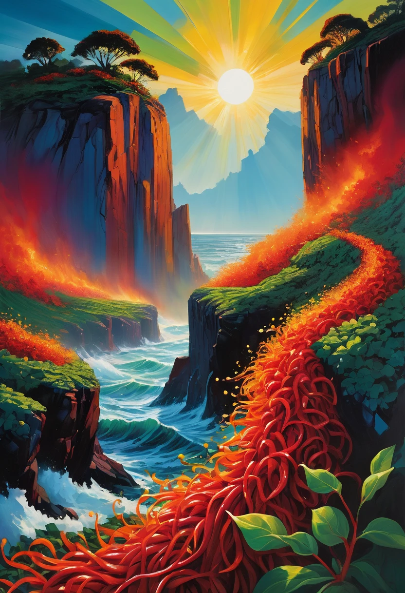 (Vibrant surreal landscape painting:1.4) of red chili peppers, basil fields,, with sweeping strokes of fiery oranges and reds forming a swirling vortex in the sky above turbulent ocean waves reflecting the sun's blazing light, rocky cliffs and lush foliage in the foreground providing contrasting colors and textures, wide panoramic framing capturing the majestic scale of the scene, painted with exaggerated impressionistic brush strokes and vivid colors beyond realism, evoking the visionary imagination and eccentric style reminiscent of works by (Eyvind Earle:1.3) and the contemporary digital art masters.