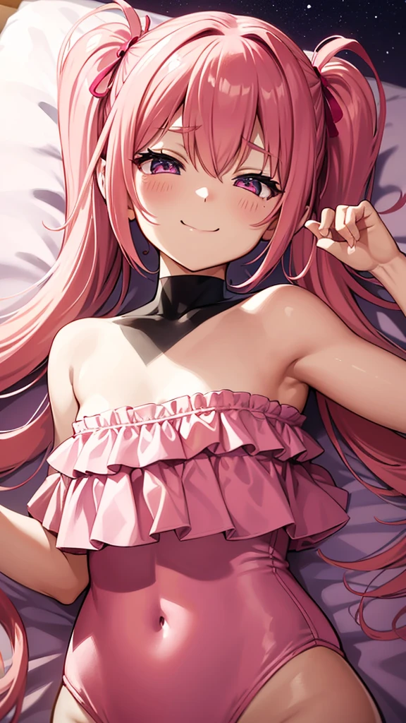 Pink straight medium twin tails、Shihodo Narika、Pink Hair、No sleeve、Shoulder、Super Subaru Flash Ninja Haruka、Sequined Swimsuit Leotard、Dark bedroom at night、A chuckle and a smile、Evil Female Executives、Upper body emphasis、Hands on chest、Lie down in bed