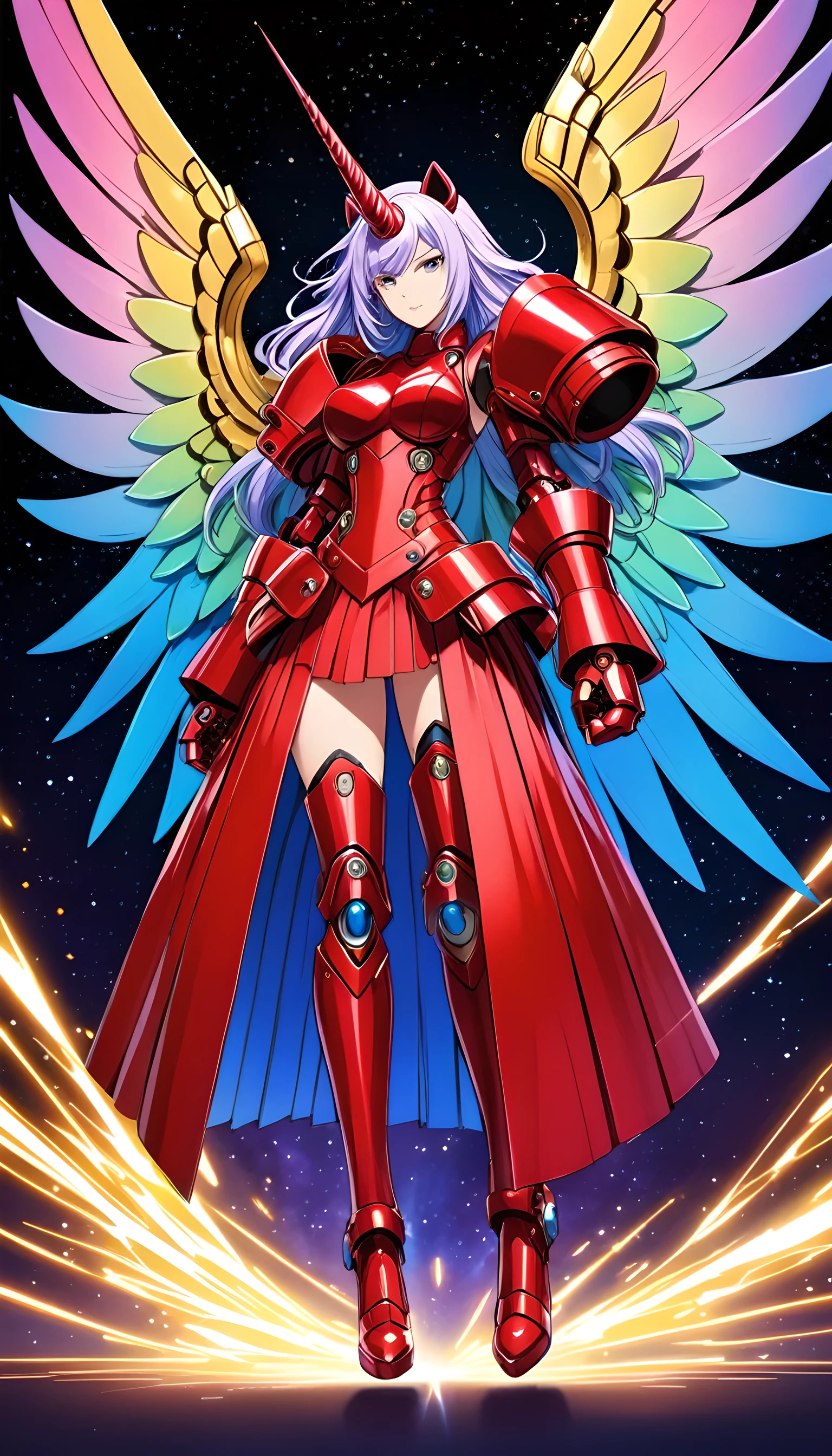 unicorn horn,metal spiral sharp corners,in style of Raymond Pettibon,in style of Takeshi Obata,in style of David Sims
huge mechanical angel wings,mechanical_Halation,1 girl,mechanical wrist,mechanical skirt with pleated skirt,(huge makeover mechanical fists:1.5),
the fist flashed ,(bold,smooth,elegant,curvaceoous,precise:1.2),Whole body wide color gamut diffuse gradient paint,The transition is natural,Clear demarcation,Nebula Background,Floating,Red and blue shift particle light effect,Motion Blur,Background blur,