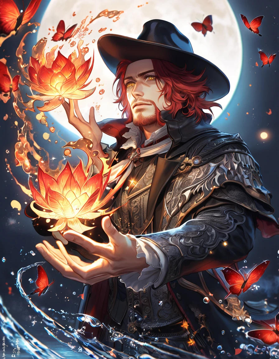 absurdres, highres, ultra detailed, HDR, master piece, best quality, extremely detailed, Ardyn Izunia, red hair, expressive yellow eyes, Final Fantasy XV, solo, man, handsome, black hat, white and black clothes, fantasy, magic, sparkling, water, moon, red flowers, red butterflies