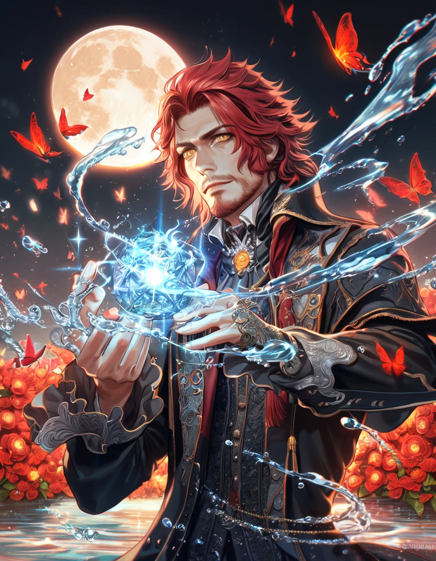 absurdres, highres, ultra detailed, HDR, master piece, best quality, extremely detailed, Ardyn Izunia, red hair, expressive yellow eyes, Final Fantasy XV, solo, man, handsome, black hat, white and black clothes, fantasy, magic, sparkling, water, moon, red flowers, red butterflies