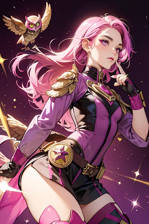 Knightowl's new suit is magenta and purple with a similar owl logo on the chest, but with golden details on the ends of the magenta boots resembling an owl's talons. She also has knee pads and a utility belt with golden owl-shaped devices and magenta gloves with golden "talons" over her fingers. Her new magenta mask does not cover her entire face, but only the area around the eyes with pink lenses, golden owl "eyebrows", and a golden owl's beak over her nose. She also has a magenta cape and magenta hair that is slightly longer than her civilian hair. SPARKLE; GLITTER