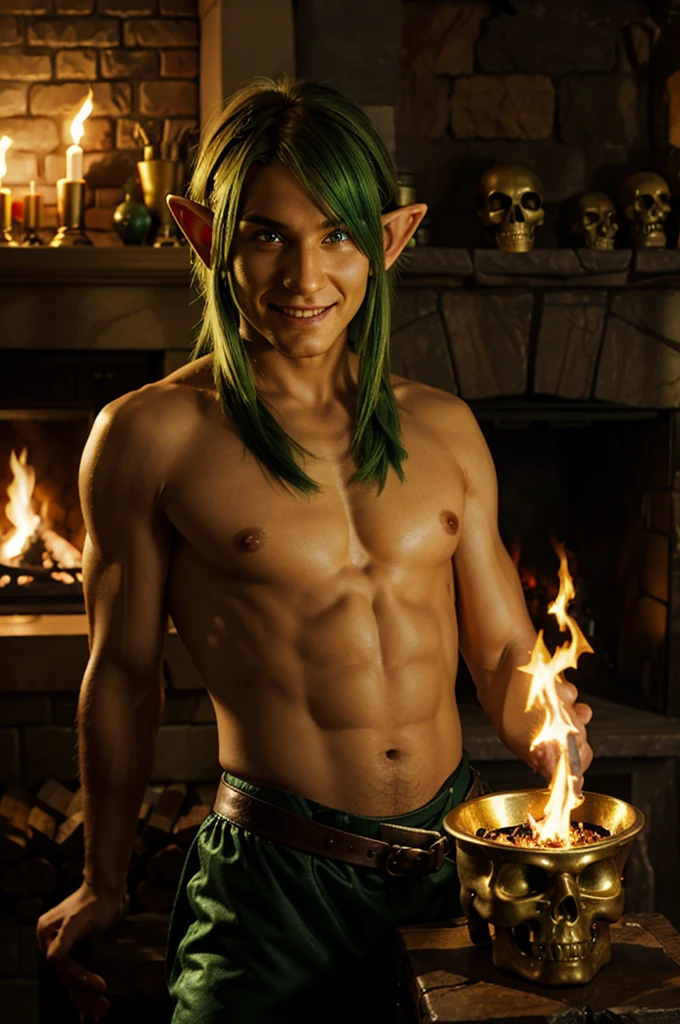 An elf sorcerer with green hair, golden eyes, holding a smiling skull with a fireplace behind him